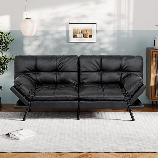 Vyfipt Convertible Futon Sofa Bed Black Faux Leather Futon Couch with Adjustable Backrest &amp Armrests Folding Small Recliner Sleeper Sofa Bed for Living Room Apartment Office