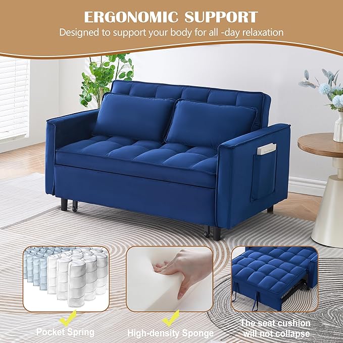 3 in 1 Convertible Sleeper Sofa Bed Modern Velvet Loveseat Pull-Out Couch Futon Love Seat Lounge Sofa with Pull-Out Bed &amp Adjustable Backrest and Side Pocket for Small Apartment Bedroom | Conve