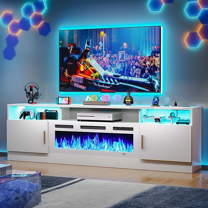 MXV 70 Fireplace TV Stand with Power Outlet for TVs UP to 80 Electric Fireplace Entertainment Center with LED Lights &amp Storage Cabinets TV Console for Living Room Office White-White