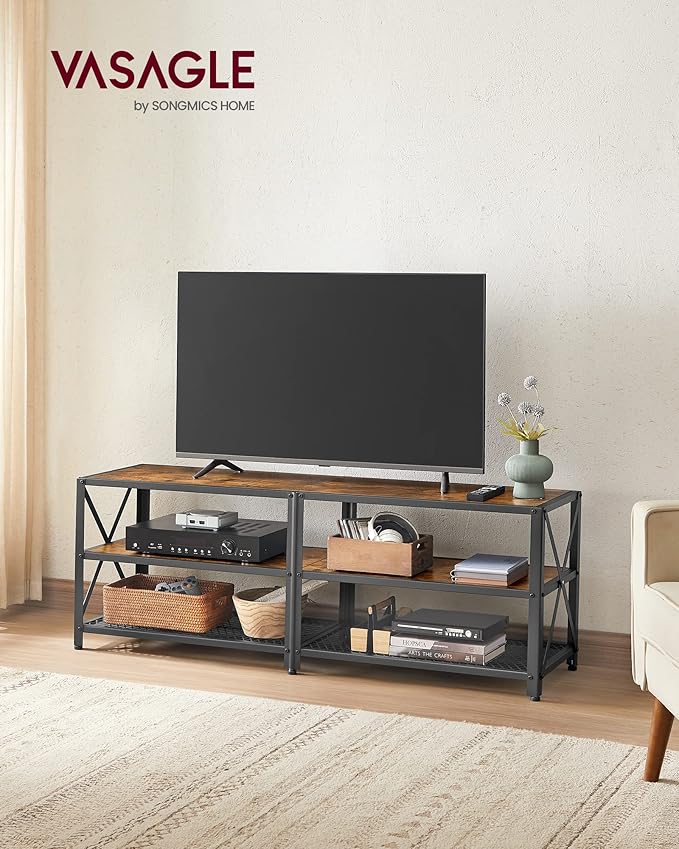 VASAGLE TV Stand TV Console for TVs Up to 65 Inches TV Table 55.1 Inches Width TV Cabinet with Storage Shelves Steel Frame for Living Room Bedroom Rustic Brown and Black ULTV094B01