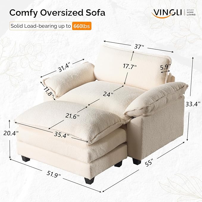 VINGLI Oversized Sofa Chair and a Half with Deep Seat &amp Movable 2-Layer Ottoman Set Comfy Cloud Sofa Bed with Chaise 1-Seater Modular Sectional Sleeper Couch for Living Room Teddy-Fleece Beige