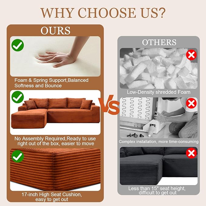 108 Cloud Modular Sectional Couch with Moveable Ottoman Modern Minimalist Upholstered Boneless Couch Deep Seat Corduroy Corner Couches (Orange 108 Left Facing Chaise)