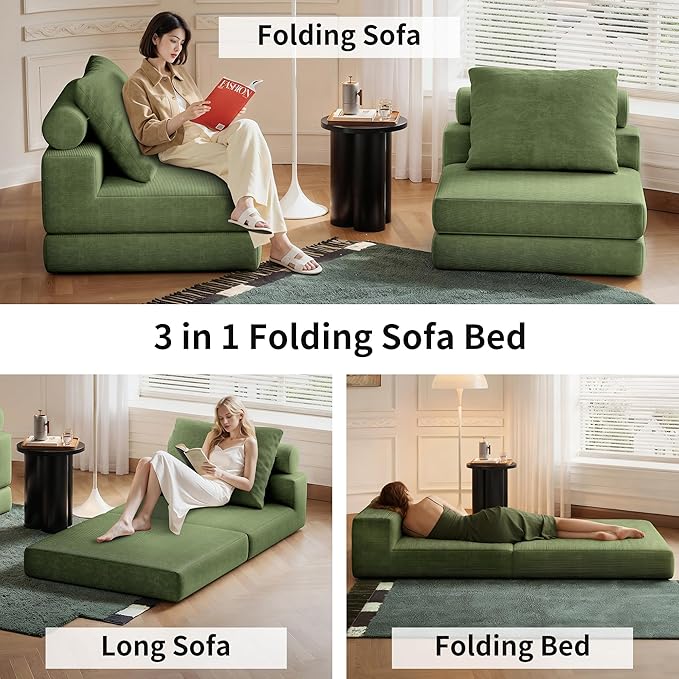 Folding Sofa Bed 3-in-1 Convertible Sleeper Chair Bed with Pillows Foldable Floor Couch with High-Density Foam Futon Small Boneless Couch for Living Room Bedroom Lounge Single Green
