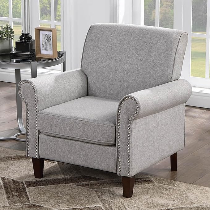 Prilinex Upholstered Living Room Chair - Large Comfy Fabric Accent Chair Single Sofa with Cushion Rolled Armrest &amp Nailhead Trim Mid Century Modern Armchair for Bedroom Office Grey