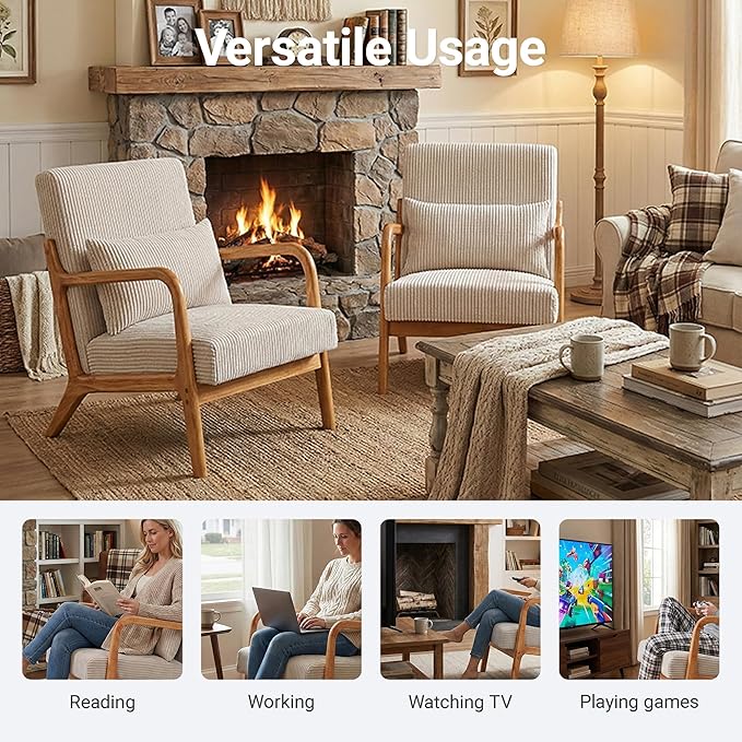 Accent Chair Comfy Arm Chair with Solid Wood Frame Upholstered Mid-Century Modern Chair for Living Room Bedroom Waiting Room Beige
