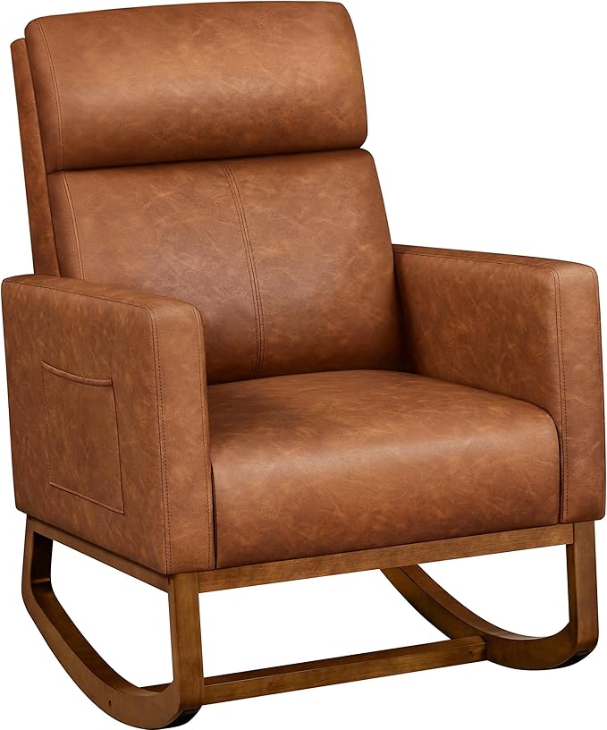 Yaheetech Leather Living Room Chair Rocking Accent Chair Modern Nursery Glider Chair with High Back and Side Pocket Accent Rocker Armchair with Wood Legs for Living Room Bedroom Study Brown