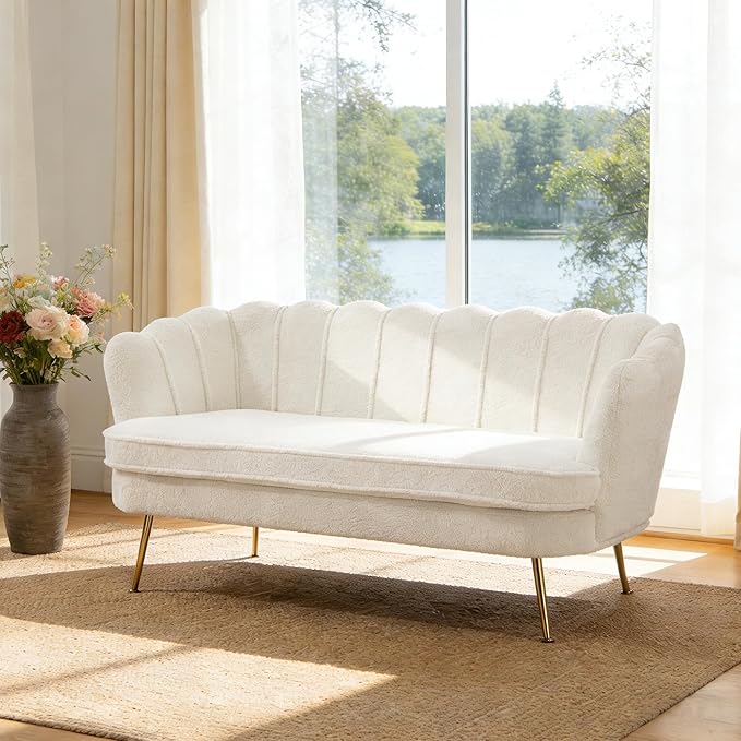Mlmh &amp Kngwa Sherpa Boucle 2-Seater Sofa 59 Loveset Settee with Gold Metal Legs Comfy Upholstered Floral Mini Couch Sofa for Bedroom Living Room Apartment Ivory