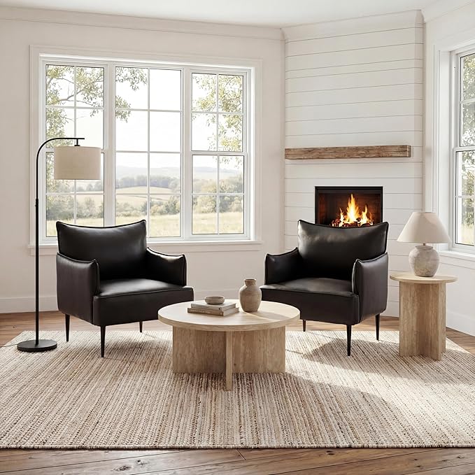 Black Accent Chair with Arms Modern PU Leather Living Room Chair with Metal Legs Upholstered Reading Chair Comfy Side Armchair for Reception Bedroom Small Spaces