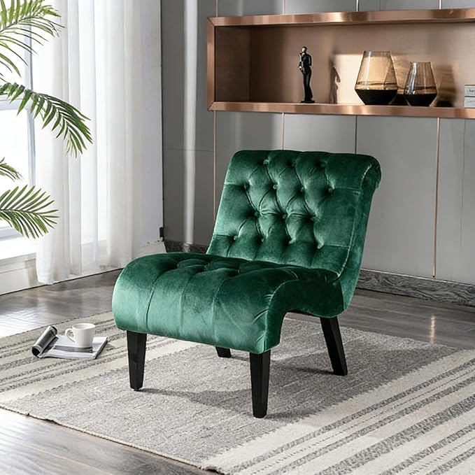 Accent Chair Living Room Reading Chairs Comfy Velvet Upholstered Mid Century Modern Accent Chair Tufted Back Armless Chair with Wooden Legs for Living Room Bedroom Office Green
