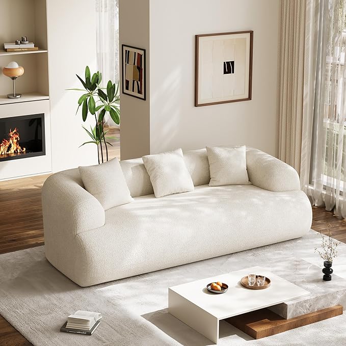Oversized Sectional Sofa for Living Room Modern Luxury Plush Chenille 3-Seater Extra Deep &amp Wide Seat Curved Cloud Couch with 3 Throw Pillows No Assembly Needed Cream White （91 inch）