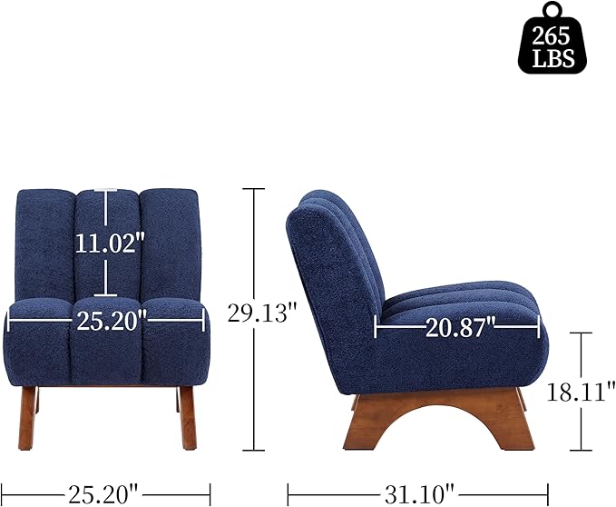 Art Leon Modern Accent Chairs Sherpa Fabric Modular Single Sofa Chairs Armless Chairs with Wooden Legs for Living Room Bedroom Set of 2 Blue