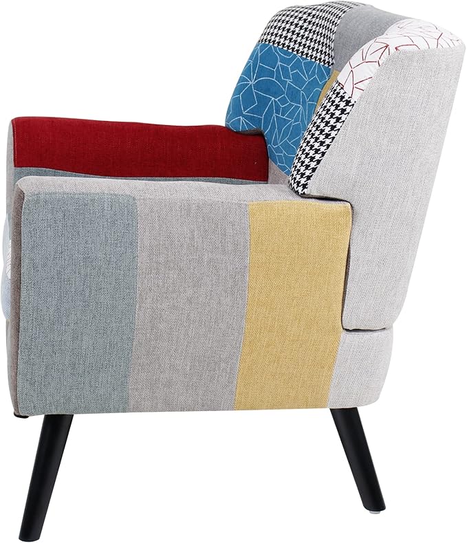 Patchwork Accent Chair Mid Century Modern Fabric Club Chair for Bedroom Comfy Colourful Single Sofa Chair for Livingroom Bedroom Office Study and Reading Room