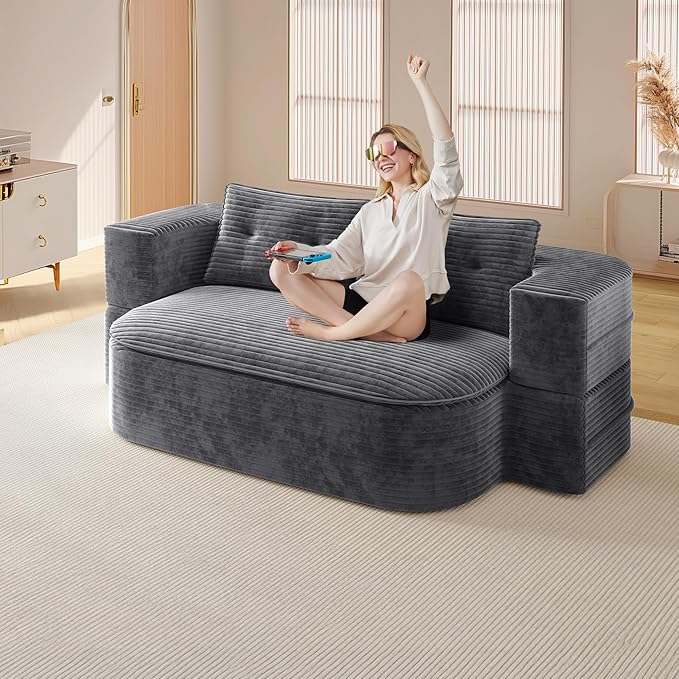 78.7'' Convertible Sleeper Sofa Corduroy Floor Foam Sofa Couch Love Seat Sleeper Bed Modern Folding Futon Couch Foldable Full Size Guest Bed with 2 Pillows and Blanket for Living Room (Dark Gray)