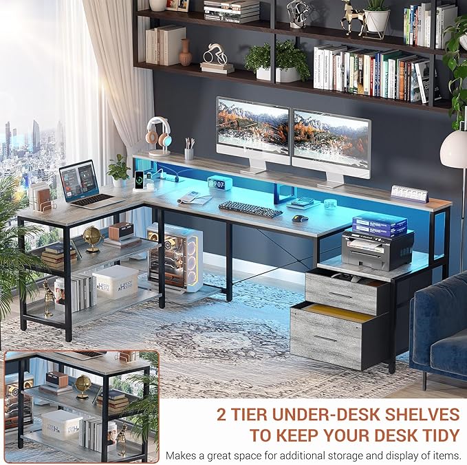 Aheaplus L Shaped Desk with Power Outlet Reversible L Shaped Computer Desk with File Drawer &amp Monitor Stand Gaming Desk with LED Strip Home Office Desk Corner Desk with Storage Shelf White Oak