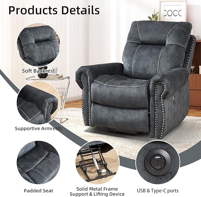 CANMOV Power Lift Recliner Chair with Massage and Heat Soft Fabric Massage Recliner for Elderly Overstuffed Single Reclining Sofa Vintage Rivet Mid-Century Design for Living Room Grey