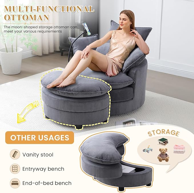 Swivel Barrel Accent Sofa Chair with Phone Holder &amp Storage Ottoman 360 Degree Modern Comfy Corduroy Oversized Leisure Chaise Lounge Arm Chair for Nursery Living Room Hotel Bedroom Office Gr