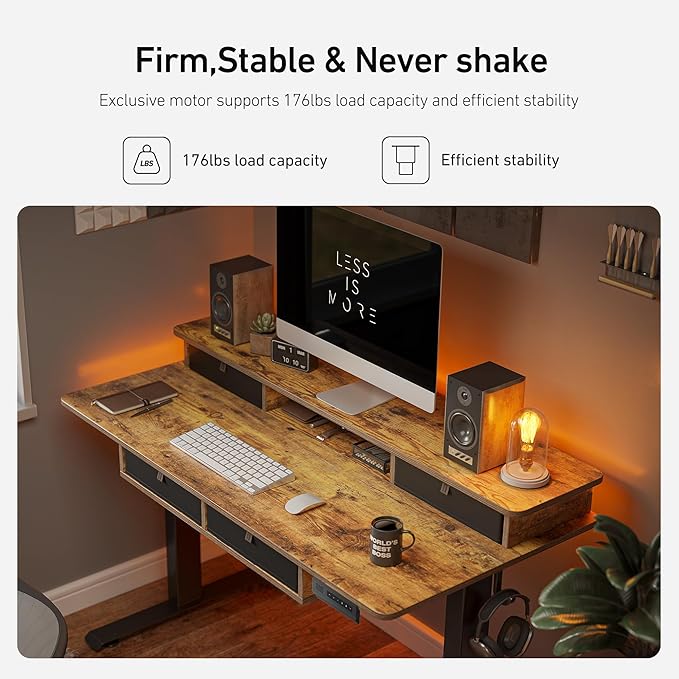 FEZIBO 48'' x 24'' Electric Standing Desk Adjustable Height with 4 Drawers Home Office Stand Up Table with 4 Height-Adjustable Feets &amp 2 HooksRustic Brown Top