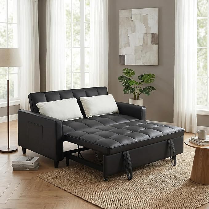 3 in 1 Convertible Sofa Bed Love Seat Sleeper Bed with Side Pockets PU Fabric Pull Out Couch with Adjustable Backrest for Living Room Bedroom Apartment Black