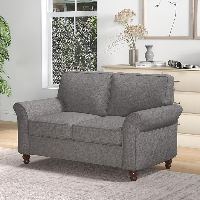 EBELLO Modern Linen Fabric Loveseat Sofa Upholstered 2-seat Sofa Couch Wood Frame and Sturdy Legs for Living Room Bedroom Office Grey
