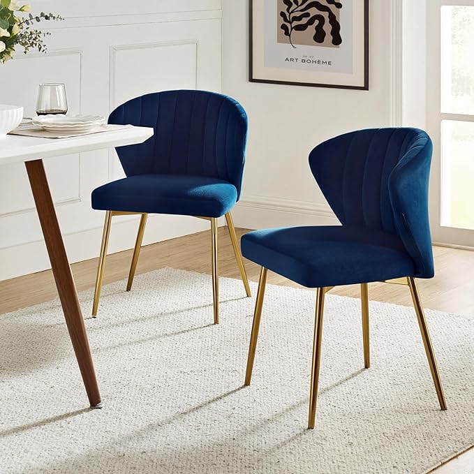HULALA HOME Dining Chairs Set of 2 Velvet Upholstered Kitchen &amp Dining Room Chairs with Metal Legs Vanity Chair Armless Side Chairs for Living Room Bedroom Restaurant Channel Curved Backrest Nav
