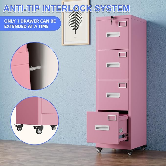 METAN 4 Drawer File Cabinet on Wheels Lockable Metal Filing Cabinet with Handle and Name Card for Office HomeAssembly RequiredPink