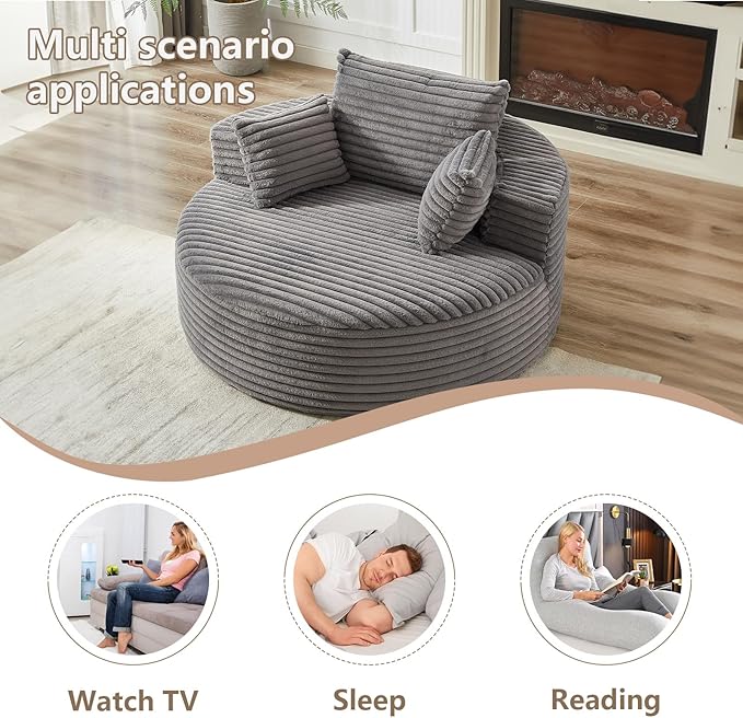 55''W Oversized Round Chair with PillowsComfy Corduroy Single ChairOversized Accent Chair with Deep Seat Modern Large Reading Chairs for Living Room &amp Bedroom (Grey)