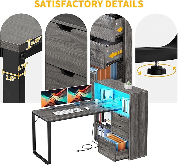 DWVO L Shaped Desk with Drawers 55 Corner Computer Desk with Bookshelf &amp Power Outlets &amp LED Lights Home Office Desk with Storage Shelves Grey