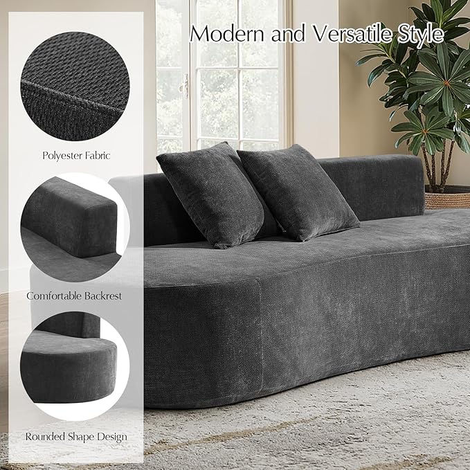 HULALA HOME 94.5 Curved Boneless Couch with Two Pillows Oversized 3 Seater Compressed Foam Sofa with Deep Seat Modern Cloud Couch for Living Room No Assembly Required Charcoal