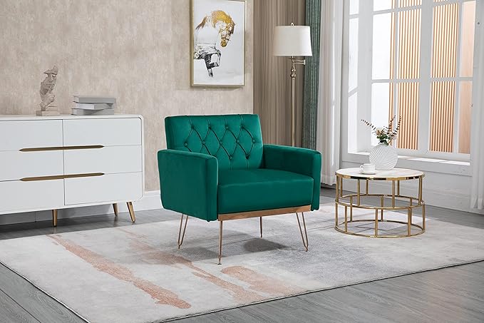Velvet Accent Chair Upholstered Living Room Accent Armchair Leisure Single Chairs with Rose Golden feet Tufted Sofa Chairs for Home Office Living Room Bedroom Small Space (Green)