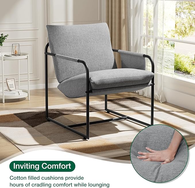 HOMMPA Sling Accent Chair Set of 2 Steel Frame Lounge Arm Chair Living Room Chair with Side Storage Pocket Reading Accent Chair Mid Century Modern Bedroom Chair Linen Fabric Cover Flax