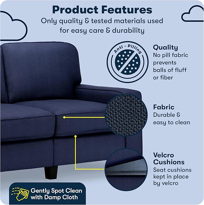 Serta Palisades 61 Track Arm Sofa Easy Care Polyester Soft Pillow Back Pocket Coil Seat Cushions Removable Covers Loveseat or Couch for Small Spaces Living Rooms or Bedrooms Navy Blue