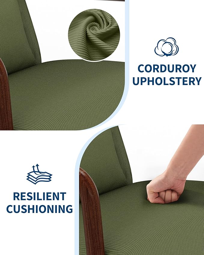 Garvee Mid-Century Modern Accent Chair Fine Wale Corduroy Upholstery Solid Wood Armchair with Removable Lumbar Pillow Sturdy Reading Chair for Living Room Bedroom Guest Room Easy Assembly Green
