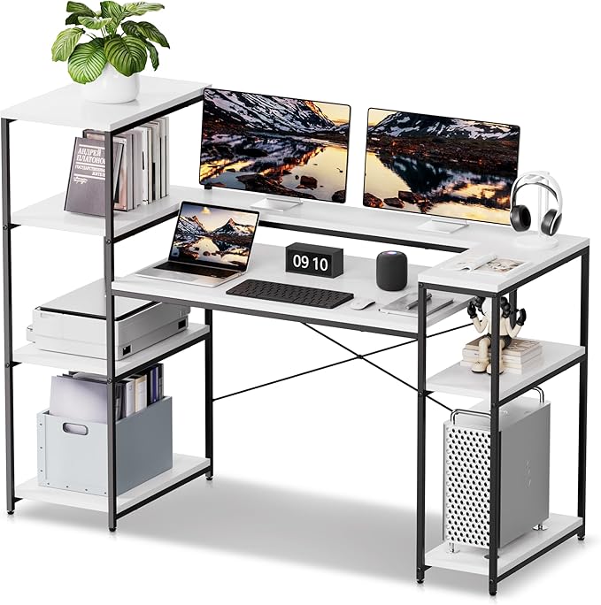 Computer Desk with Storage Shelves 63 Inch Teen Desk with Bookshelf Home Office Desk for Study Writing PC Work Gaming White
