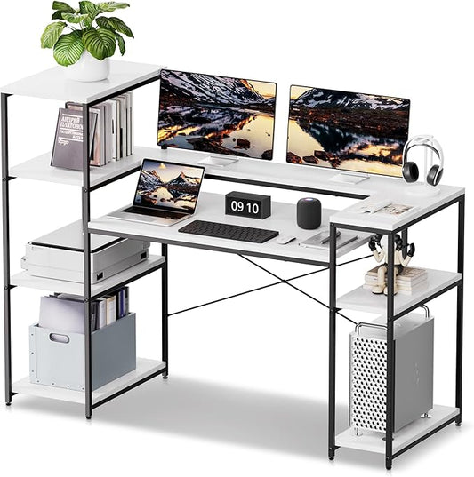 Computer Desk with Storage Shelves 63 Inch Teen Desk with Bookshelf Home Office Desk for Study Writing PC Work Gaming White