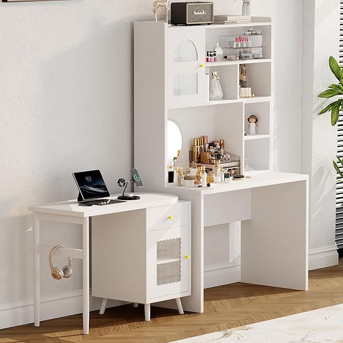 Computer Desk with 90 Degree Rotating Desktop and Bookshelf Office Desk with Drawer and Cabinets Gaming Desk with Shelves Writing Desk for Home Office Bedroom Living Room (White-5.9)