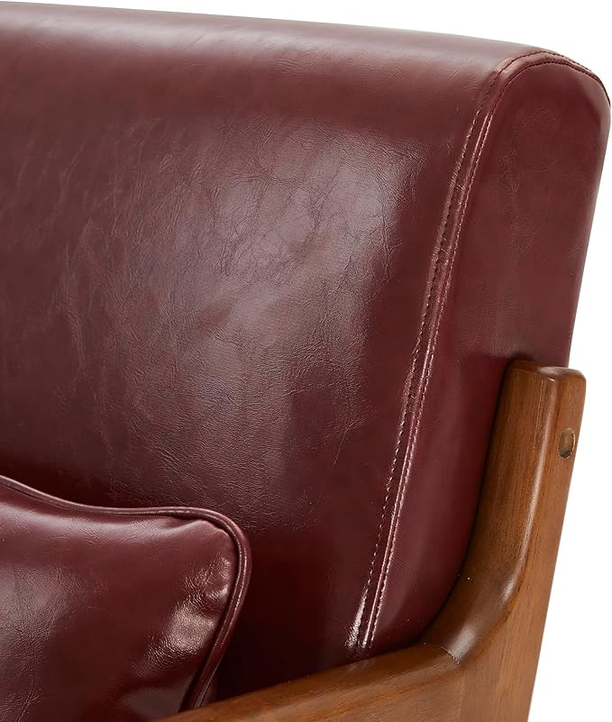 Glitzhome 30.75 H Mid Century Red Accent Armchair Single Reading Armchair PU Leather Lounge Chair with Walnut Ruberwood Frame