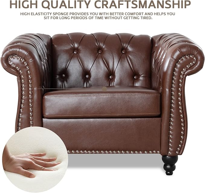 Brown Chesterfield Accent Chair Faux Leather Upholstered Tufted Wingback Club Chair Mid-Century Modern Living Room Chair with Sturdy Wood Frame Comfy Oversized Armchair for Bedroom Office
