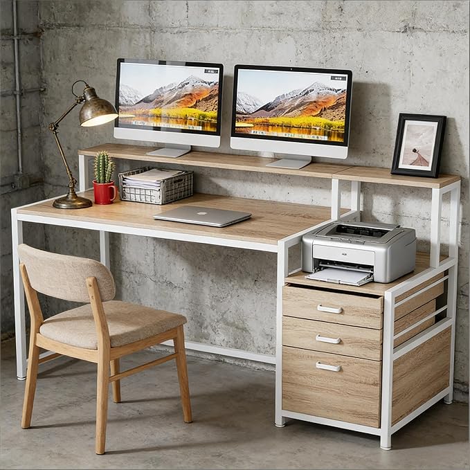 55 L Shaped Office Desk with Drawers &amp Storage Reversible Executive Office Desk with 4 Shelves Large Corner Computer Desk with Elevated Monitor Stand for Home Office Gaming (Natural + White)