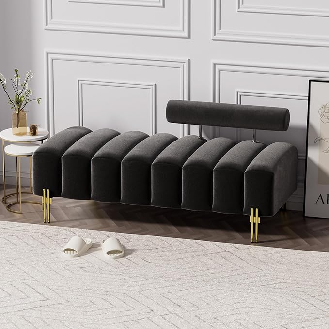 Small Loveseat Sofa Couch 52.2 Upholstered Velvet Mini Couch with Golden Legs Channel Tufted 2 Seat Sofa Bench Adjustable Back for Living Room Bedroom Office Black