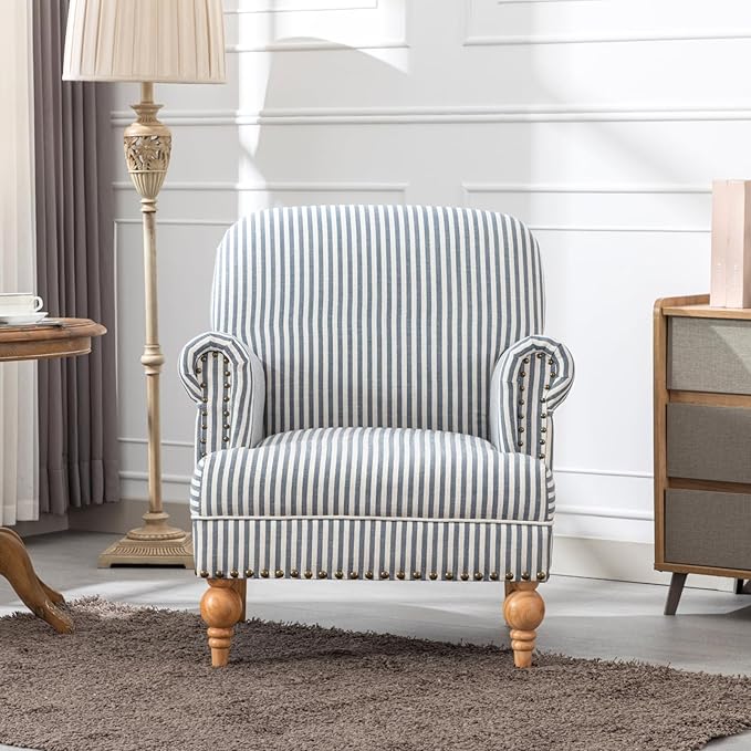 chairus Linen Accent Chair for Living Room Upholstered Mid Century Modern Single Sofa Chair with Solid Wood Legs Comfy Reading Chair Armchair for Bedroom/Office Room/Recption/Lounge Blue Stripe