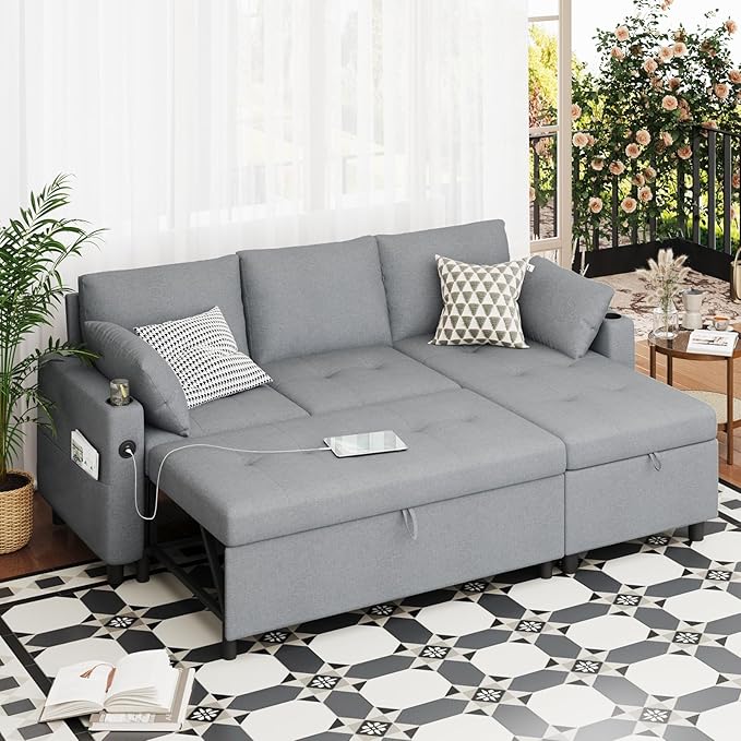 Sleeper Sofa 83.5'' Sofa Bed with Storage Chaise Couch to Bed Pull Out Couch with USB&ampCup Holders L-Shaped Convertible Couches for Living Room-Linen Light Grey