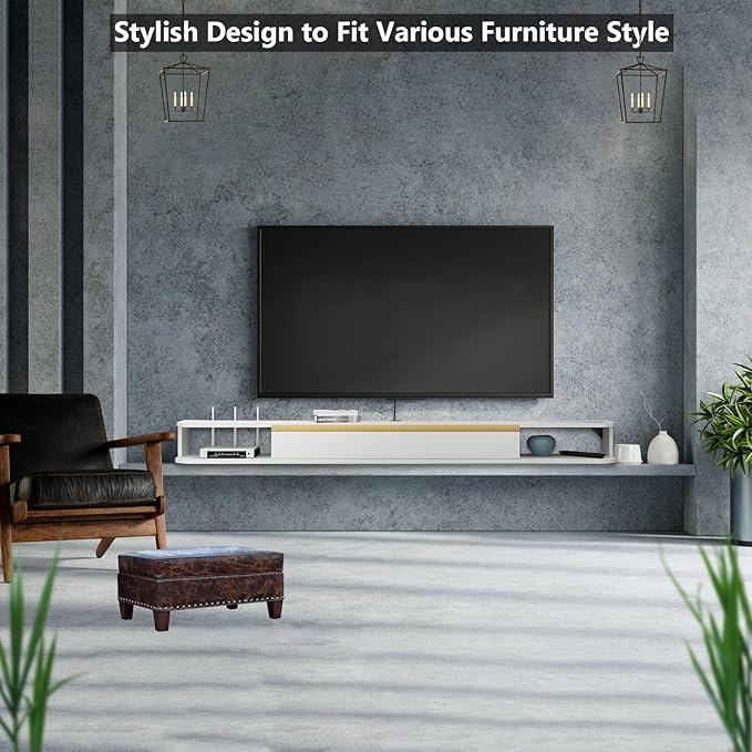Floating TV Stand 63'' Wall Mounted Entertainment Center TV Media Console Floating Shelves with Door Floating TV Cabinet Large Storage TV Bench for Living Room (White 62.99IN)