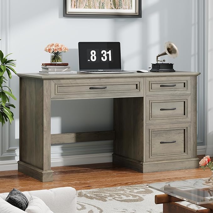 Vabches Farmhouse 47 Executive Desk Computer Desk with Drawers and File Drawer Workstation Computer Desk with Charging Station for Home OfficeStudy（Dark Grey
