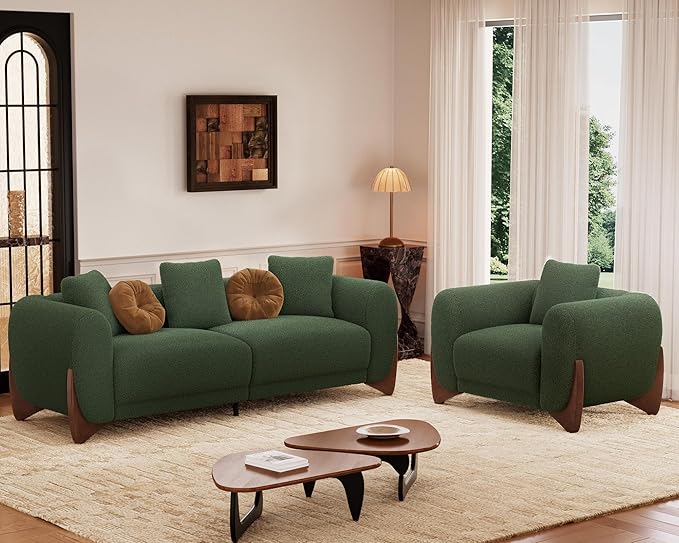 Morden Fort Sherpa Boucle Couch Armchair Single Modern Sofa Upholstered Deep Chair with Soft Throw Pillow Skin-Friendly Minimalist Accent Chair Compatible with Sofa Set Couch for Living Room Green