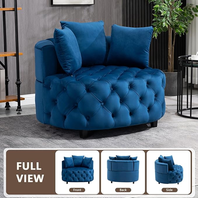 mikibama 40.6'' W Oversized Barrel Chair Blue Accent Chair for Living Room Round Oversized Chair with 3 Pillows Deep Seat Extra Wide Velvet