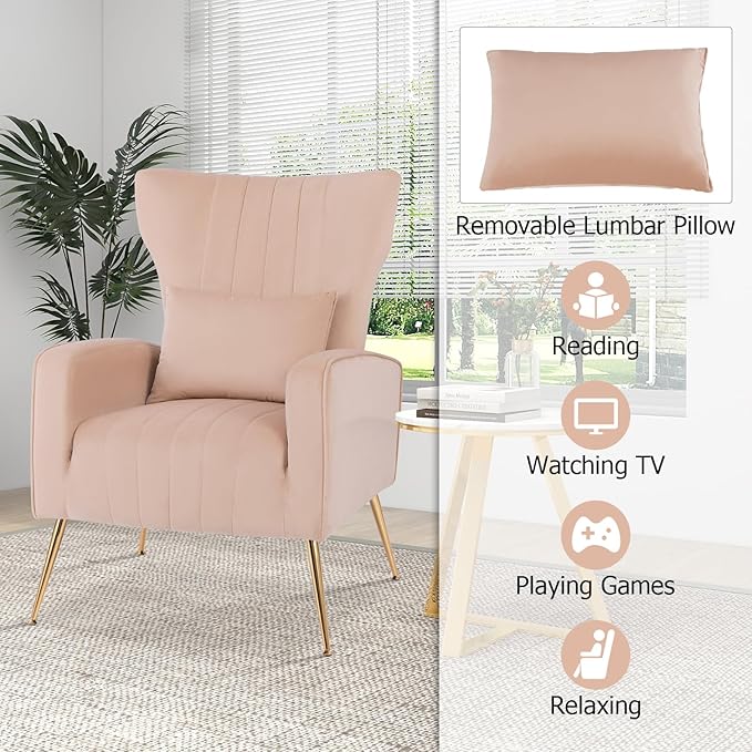 Giantex Velvet Accent Chair with Lumbar Pillow Upholstered Tufted Wingback Arm Chair w/Golden Metal Legs Mid Century Modern Single Sofa Chair for Living Room Bedroom Max Load 400 LBS Pink