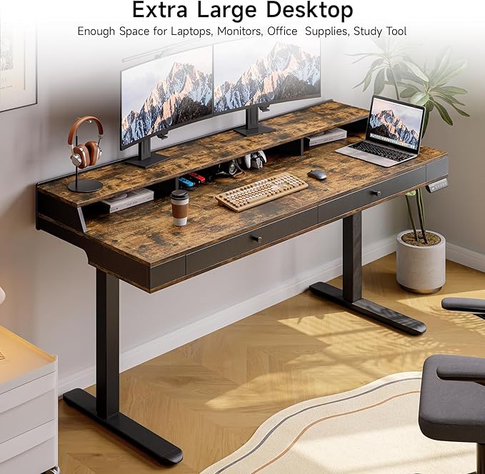ONBRILL Standing Desk with Drawers 63x23.6 Electric Stand Up Desk with Storage Shelf and Memory Controller Sit Stand Desk Adjustable Height from 28-46 for Computer Workstation Rustic Brown