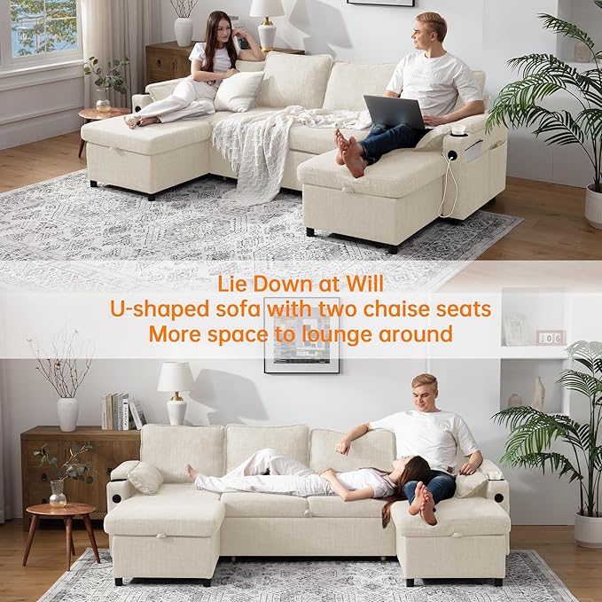 DURASPACE Sofa Bed Sleeper Sofa Pull Out Couch with Double Storage Chaise Sectional for Living Room U Shaped Couch with Removable Covers (Beige)