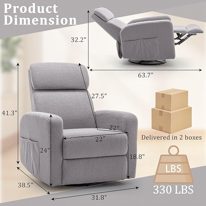 Power Swivel Recliner Chairs for Adults Electric Glider Rocking Chair Nursery Glider Recliner Nursery Chair with Classified Side Pocket Nursery Rocking Chairs with USB and Type-C Ports