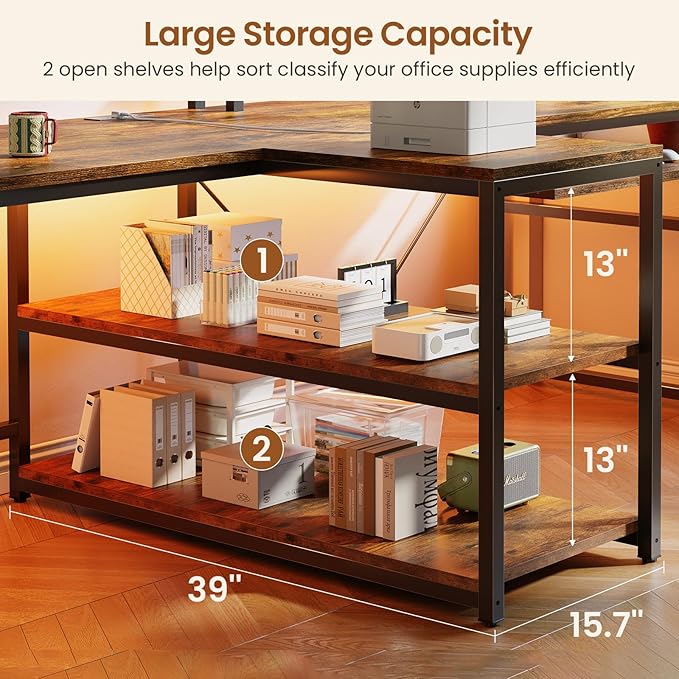 SEDETA 94.5 Home Office Desks Computer Gaming Desk with Storage LED Lights Power Strip with USB Keyboard Tray &amp Monitor Stand Extra Long Double Desk for 2 Person Rustic Brown